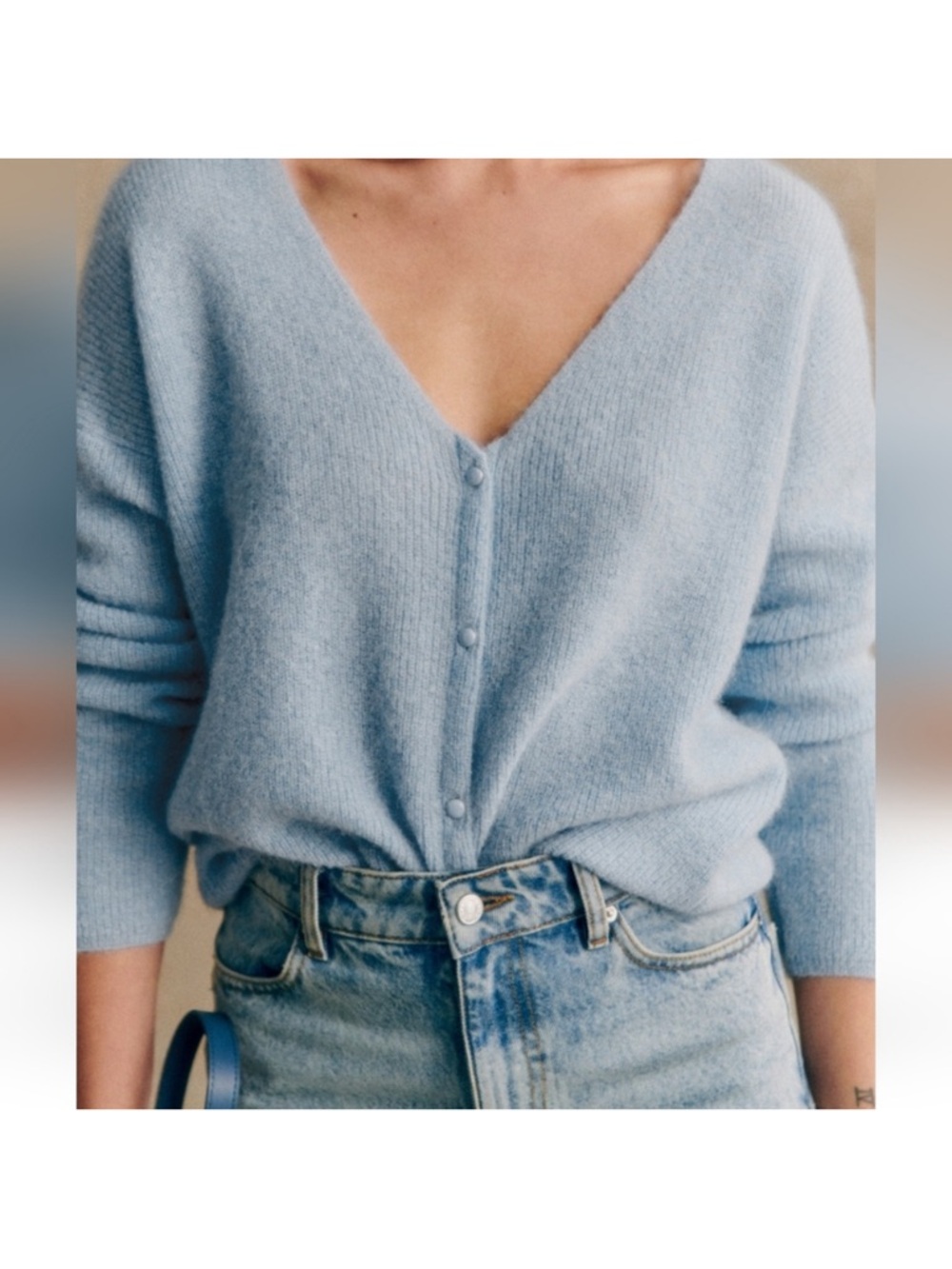 Sezane "Barry" Super Kid Mohair Baby Alpaca Light Blue V-Neck Cardigan Sweater - Picture 7 of 17